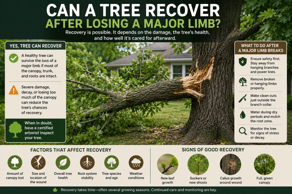 large broken tree limb after storm damage in a Colorado yard