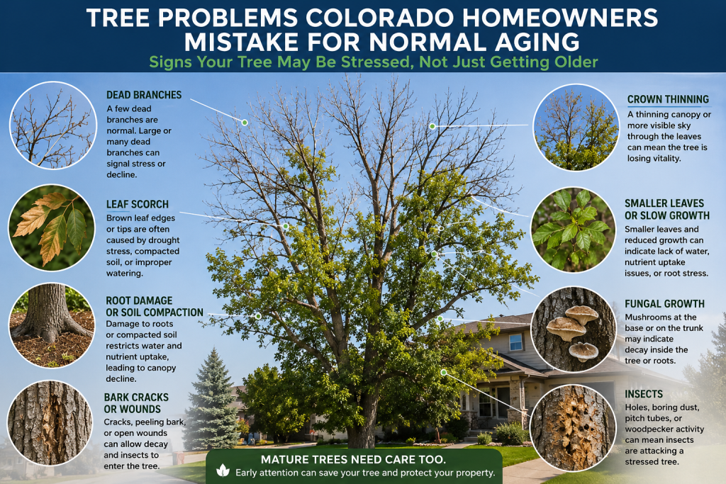 Mature Colorado tree with thinning canopy and signs homeowners may mistake for normal aging