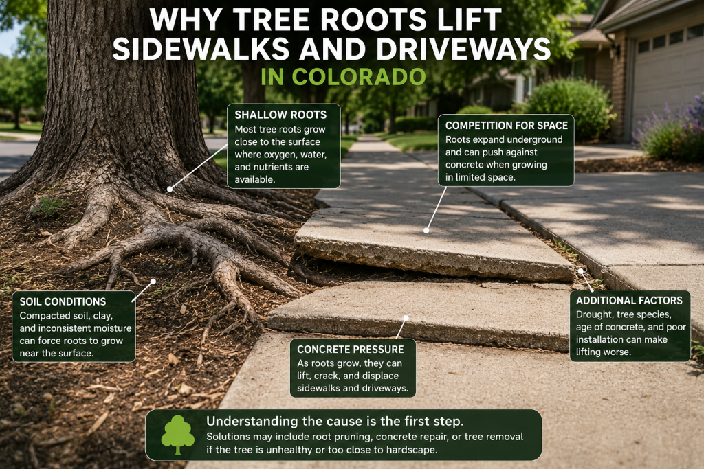 tree roots lifting a sidewalk and driveway in a Colorado residential yard