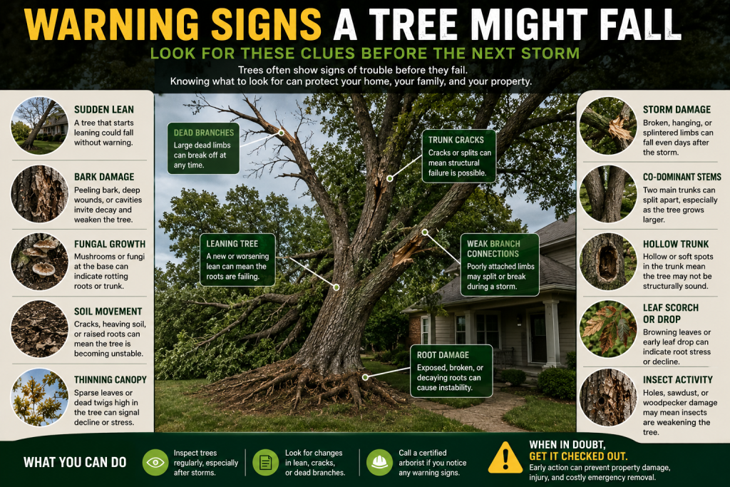 leaning tree with trunk cracks and dead branches showing warning signs it might fall