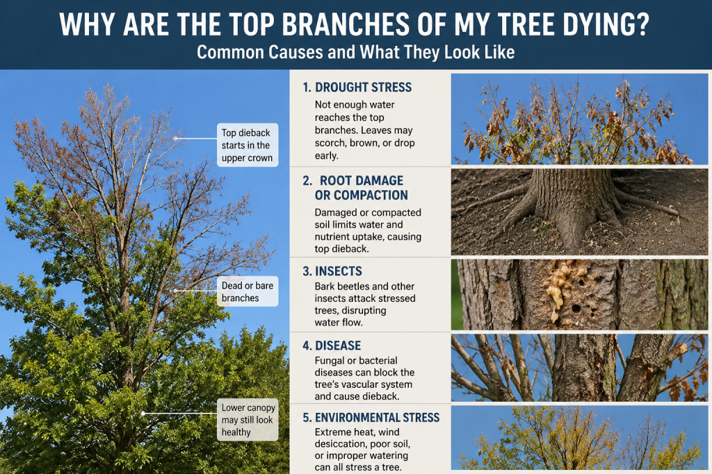 Top branches of a tree dying in Colorado with thinning canopy and dead limbs