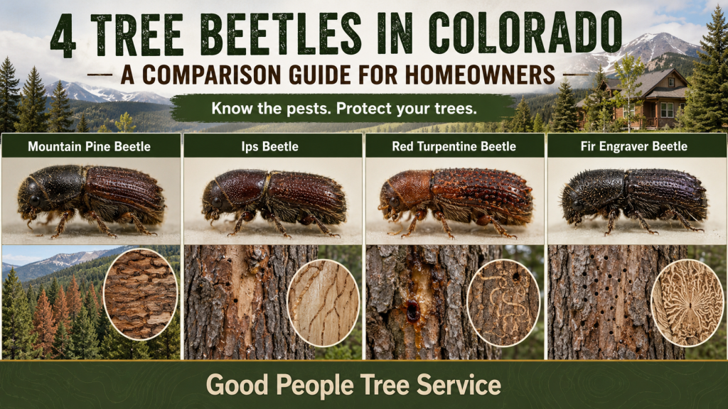 Mountain pine beetle, Ips beetle, red turpentine beetle, and fir engraver beetle comparison guide for Colorado trees with bark damage, beetle activity, galleries, and tree decline signs.
