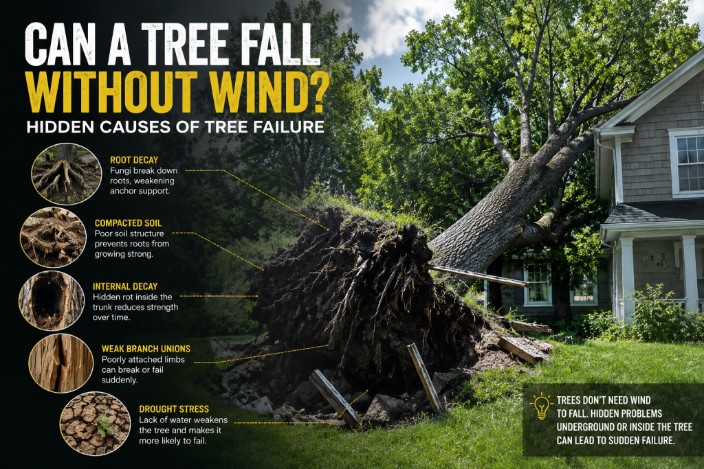 tree with hidden trunk decay showing why a tree can fall without wind