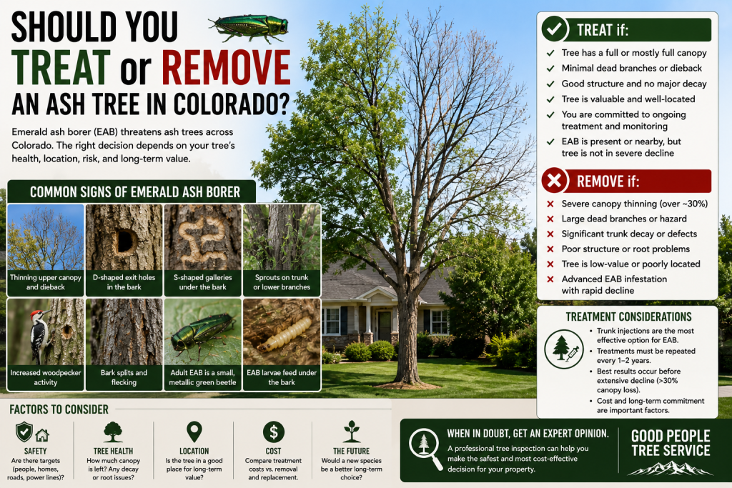 Colorado ash tree with thinning canopy and emerald ash borer warning signs near a residential yard