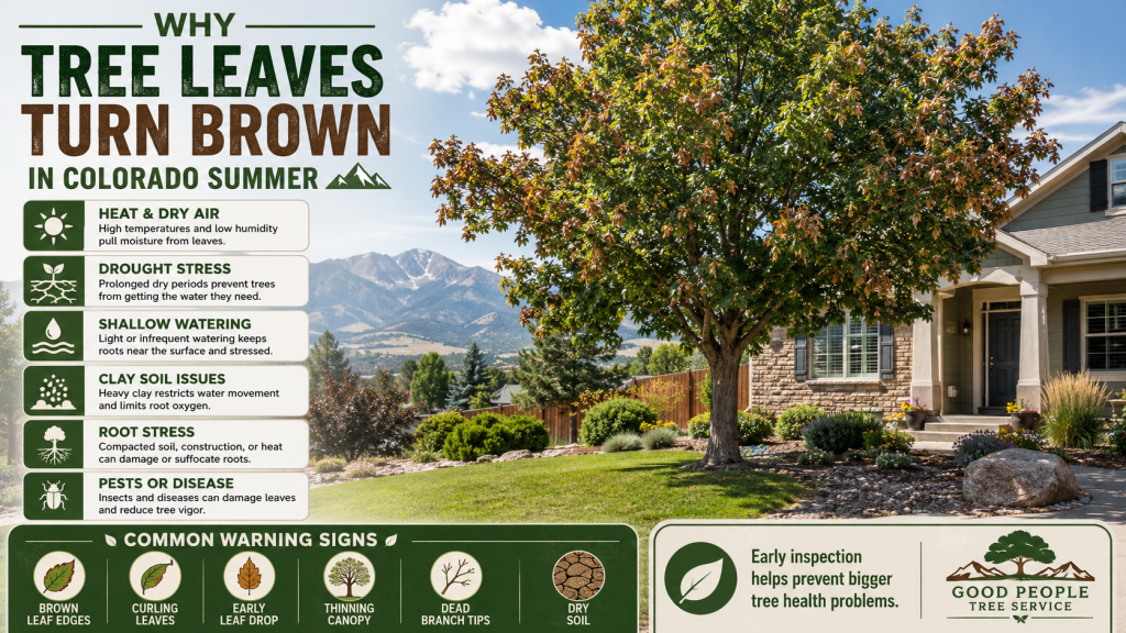 Tree leaves turning brown in Colorado summer due to heat stress, drought, clay soil issues, shallow watering, and root stress near a residential yard.
