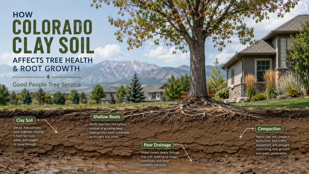 Colorado clay soil affecting tree root growth with shallow roots, poor drainage, compaction, and root stress in a residential yard.
