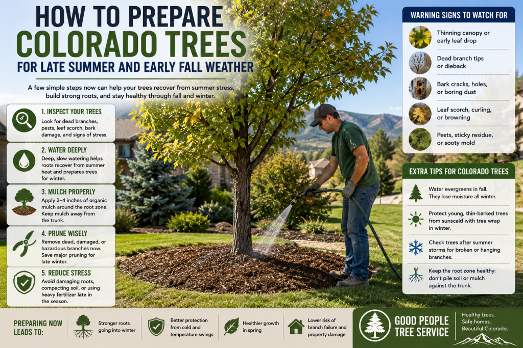 Colorado homeowner preparing trees for late summer and early fall with deep watering, mulch, pest checks, and dead branch inspection