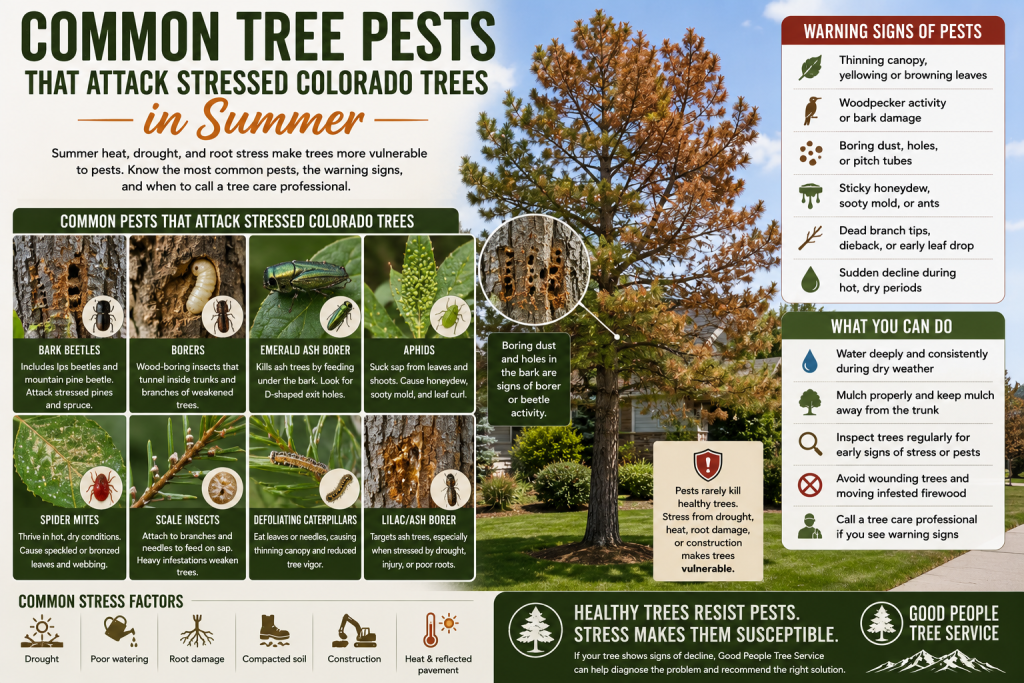 common tree pests attacking stressed Colorado trees in summer with bark beetle signs, aphids, mites, borers, and tree decline symptoms