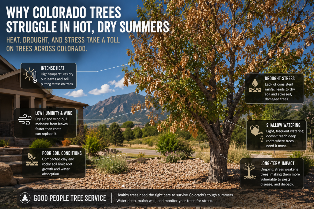 Colorado tree showing leaf scorch, drought stress, dry soil, and browning leaves during a hot summer in a residential yard.