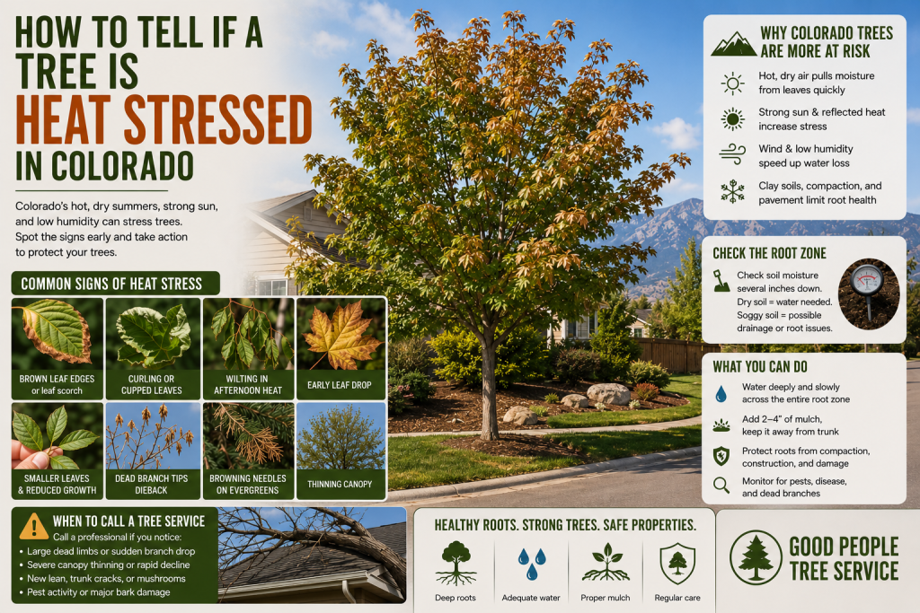 Colorado tree showing heat stress with brown leaf edges, curling leaves, dry soil, and thinning canopy during summer