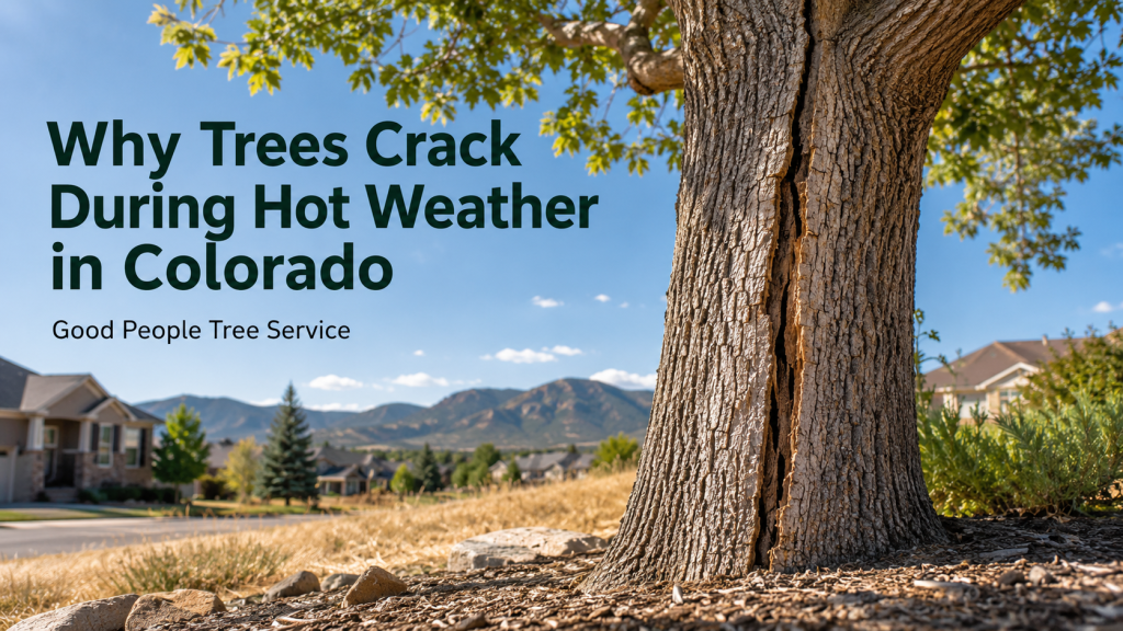 Cracked tree trunk in a Colorado residential yard during hot summer weather with dry soil and mountain background.
