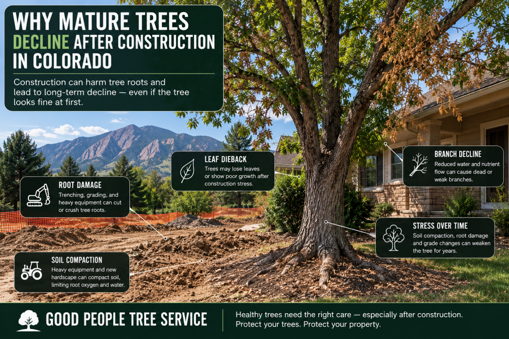 Mature Colorado tree showing leaf dieback, root damage, and soil compaction after nearby residential construction.