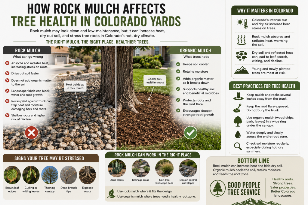 tree growing in Colorado rock mulch with heat stress, shallow roots, dry soil, and organic mulch comparison