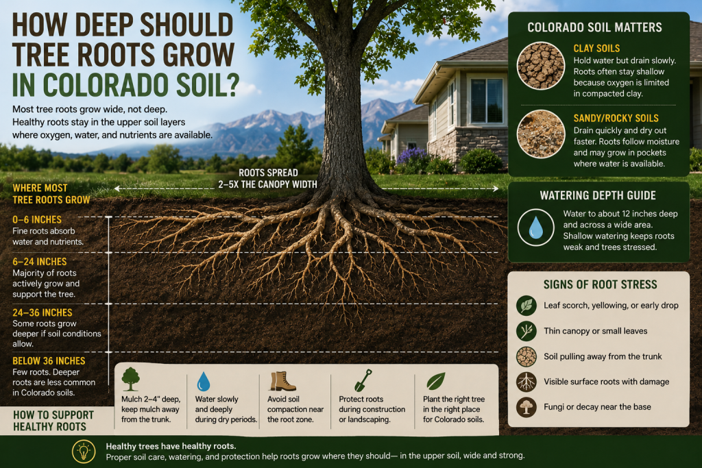 tree roots growing through shallow Colorado soil near a residential yard