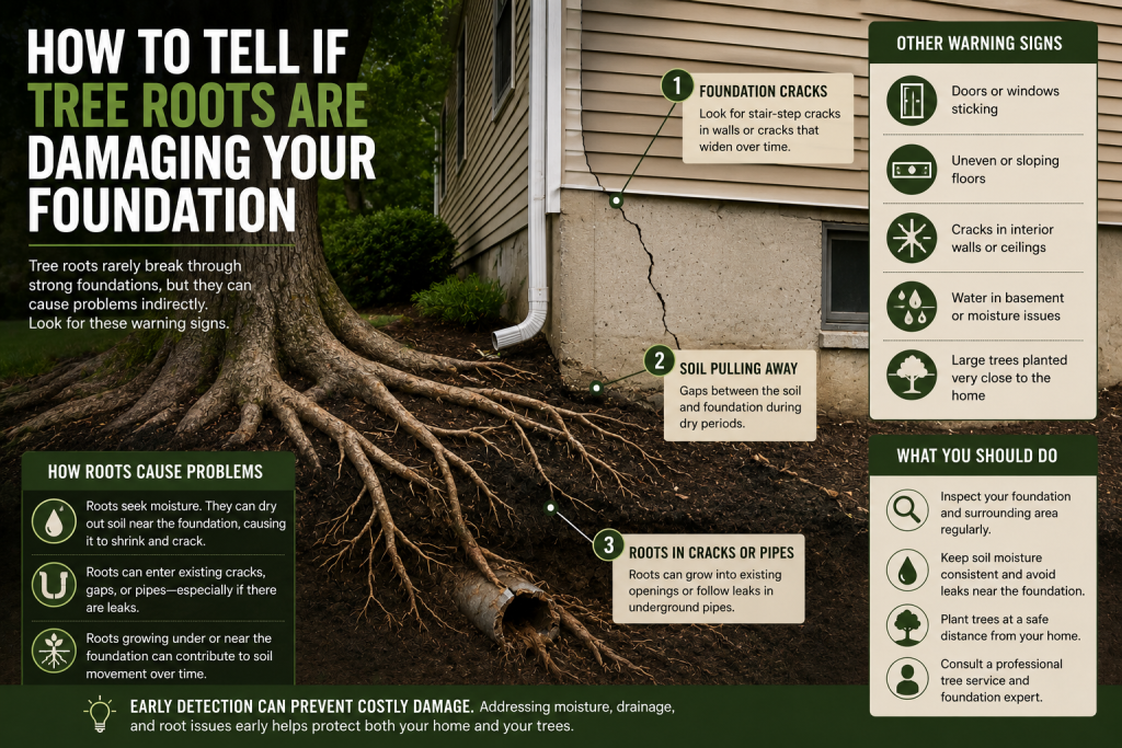 tree roots growing near a Colorado home foundation with signs of soil movement
