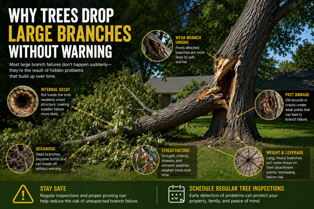 large tree branch fallen in a Colorado yard without warning