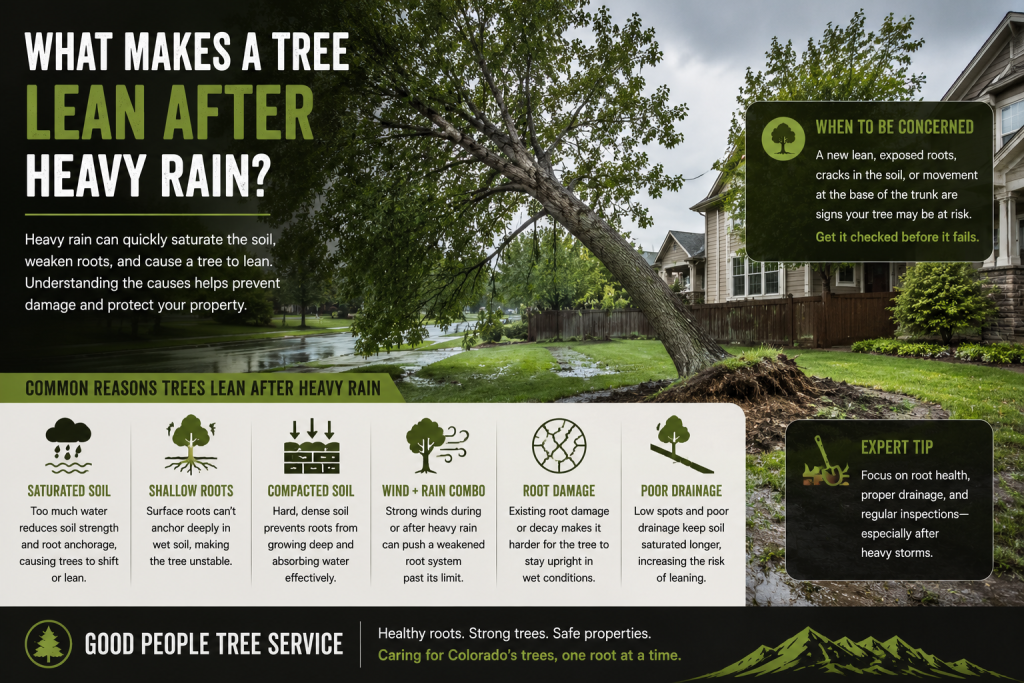 Leaning tree after heavy rain in a Colorado residential yard with saturated soil, exposed roots, poor drainage, and root damage risk.