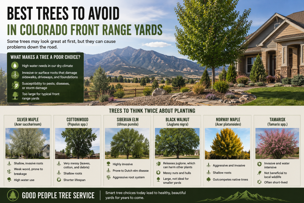 Best trees for Colorado Front Range yards with examples of tree species to avoid, including silver maple, cottonwood, Siberian elm, Norway maple, black walnut, and tamarisk in a residential Colorado landscape
