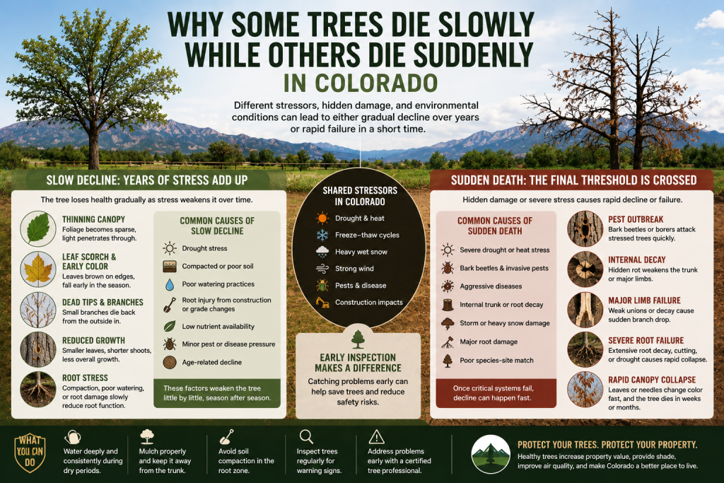 Colorado tree showing canopy decline and hidden causes of sudden tree death