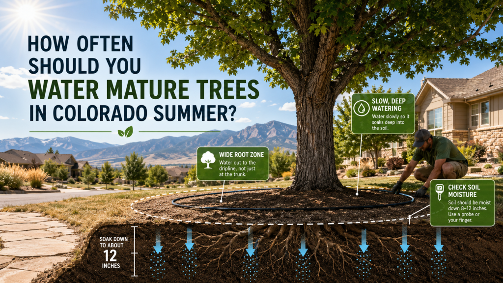 homeowner watering a mature Colorado shade tree during hot summer drought conditions