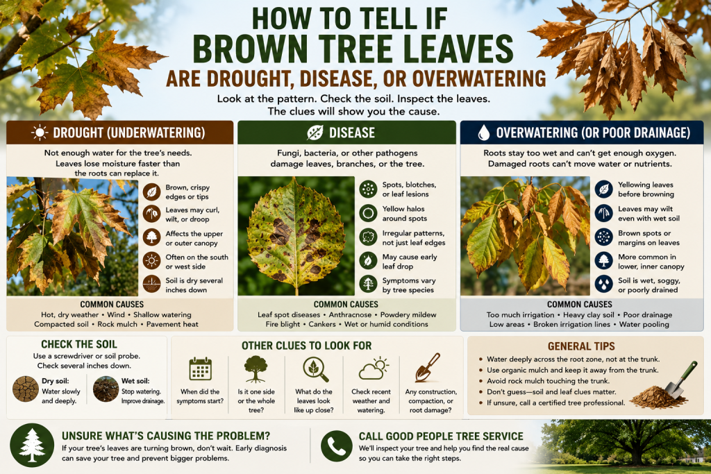 Colorado tree with brown leaves showing drought scorch, disease spots, overwatering symptoms, and soil moisture checks