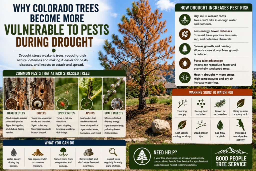 Colorado drought-stressed tree with bark beetle signs, dry soil, browning needles, and pest warning symptoms