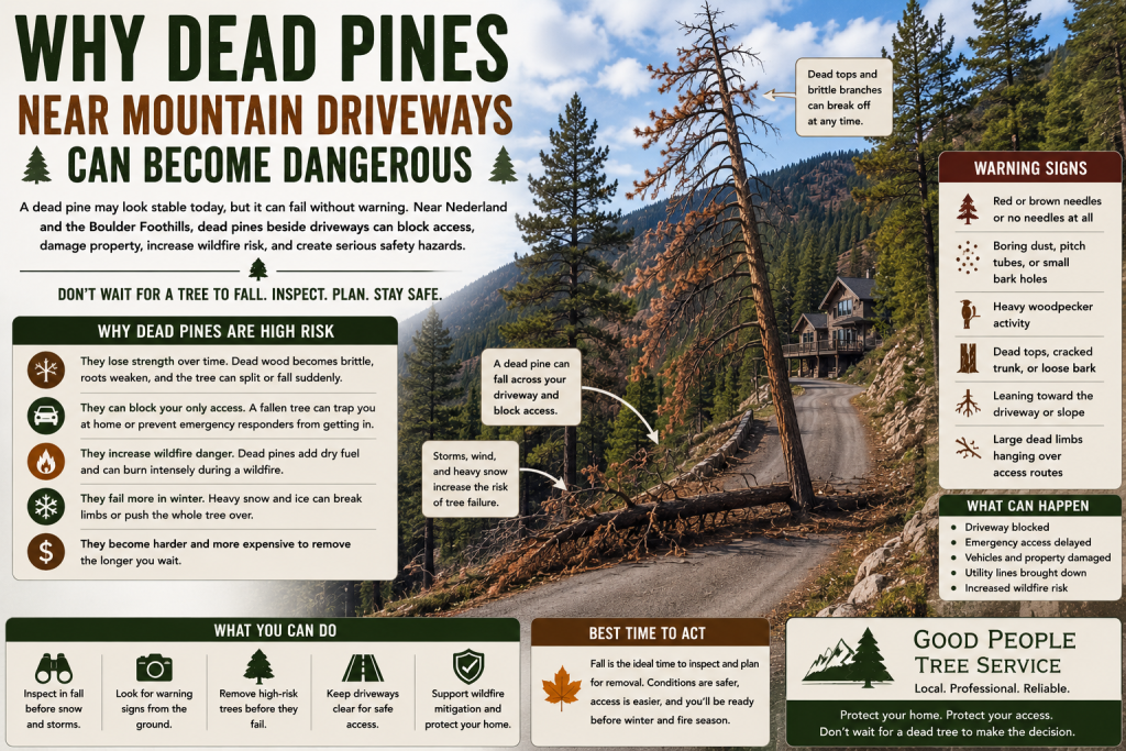 Dead pine near a steep mountain driveway with beetle damage, red needles, wildfire risk, and access safety concerns