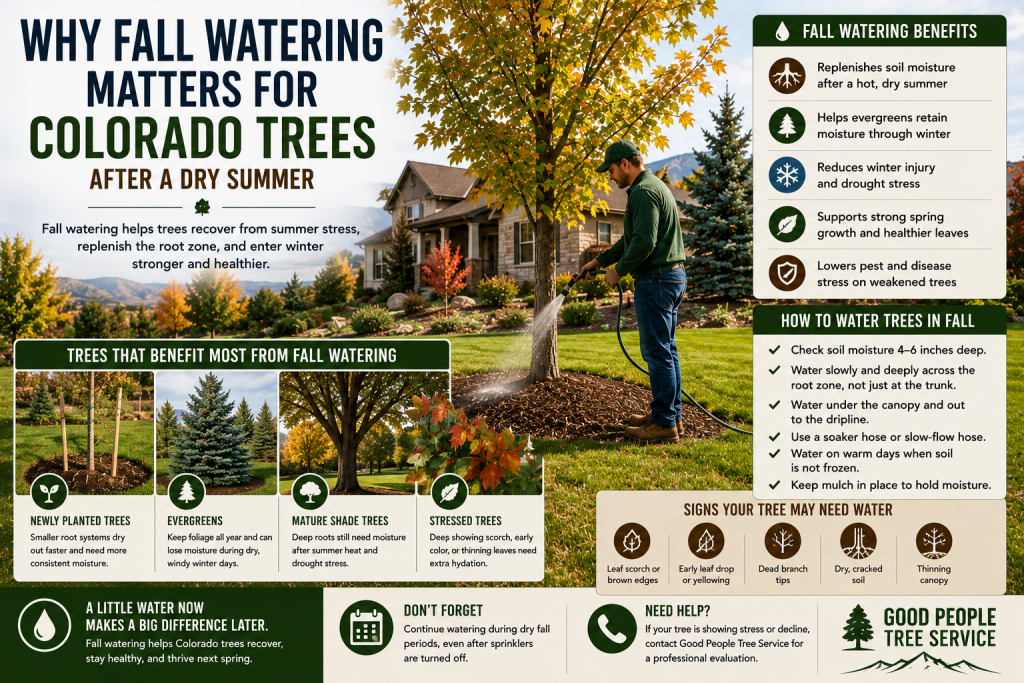 Colorado homeowner fall watering a tree after a dry summer with mulch, dry soil, and evergreen winter stress nearby
