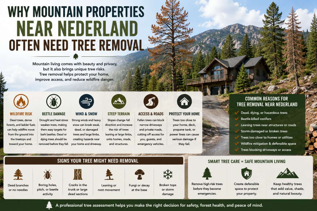 Mountain property near Nederland with dead trees, dense conifers, wildfire risk, and tree removal concerns near a home