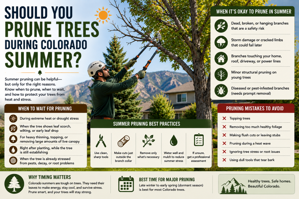 Colorado tree being carefully pruned in summer with dead branches, heat stress, and storm damage concerns near a home