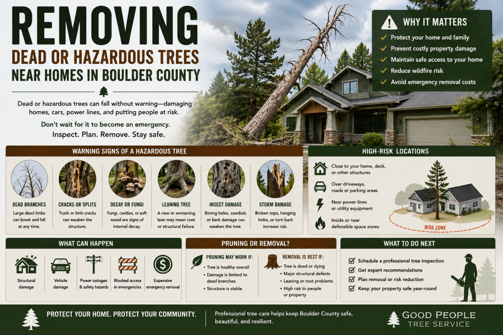 Dead or hazardous tree near a Boulder County home with broken limbs, decay, leaning trunk, and tree removal safety concerns