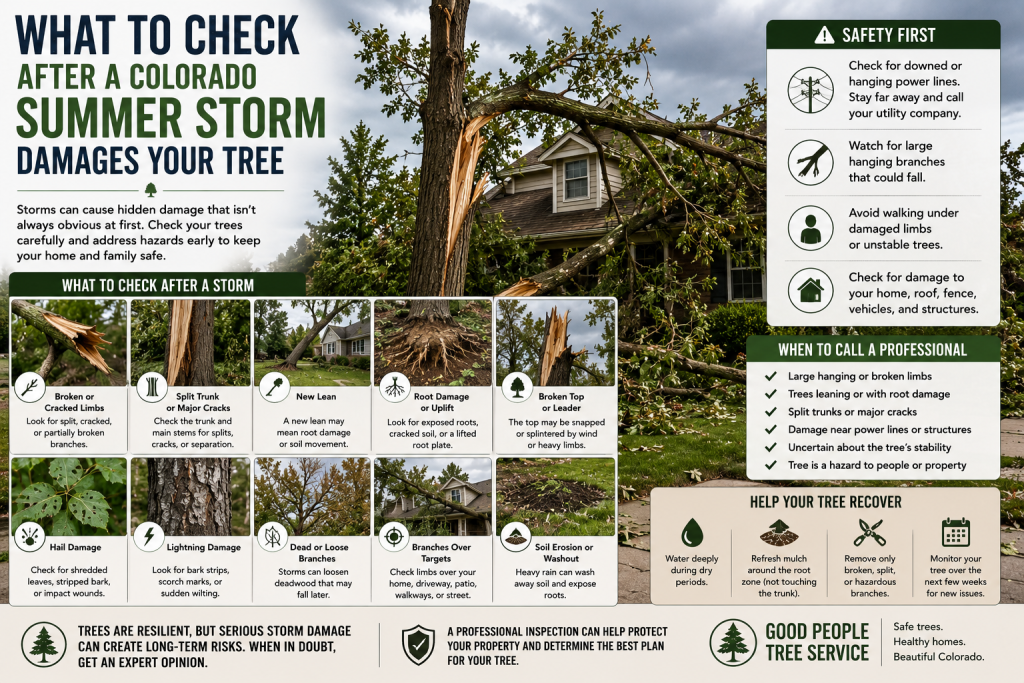 Colorado tree damaged after a summer storm with broken limbs, hanging branches, hail damage, and a homeowner checking for safety risks