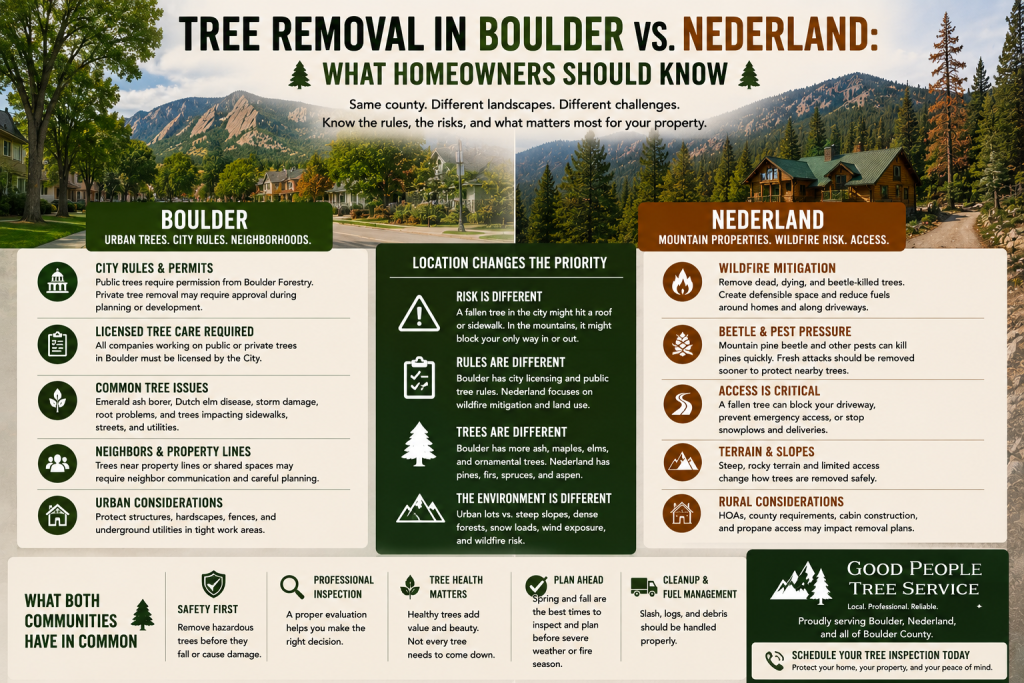 Tree removal comparison between Boulder urban homes and Nederland mountain properties with hazardous trees, wildfire risk, and access concerns