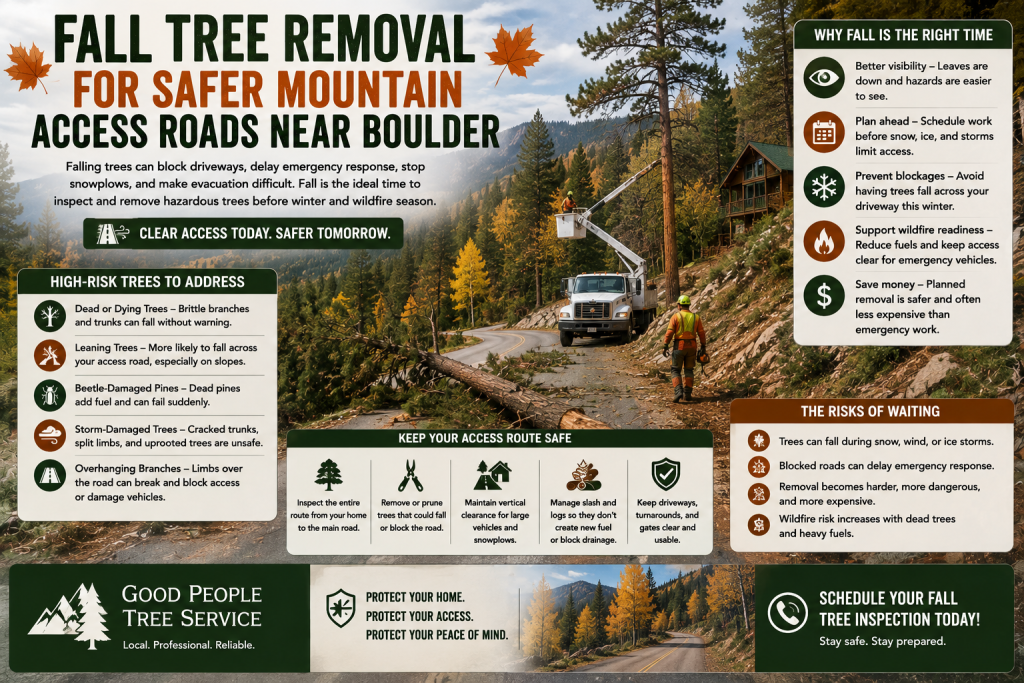 Fall tree removal near a Boulder mountain access road with dead pines, leaning trees, snow risk, wildfire access concerns, and driveway safety