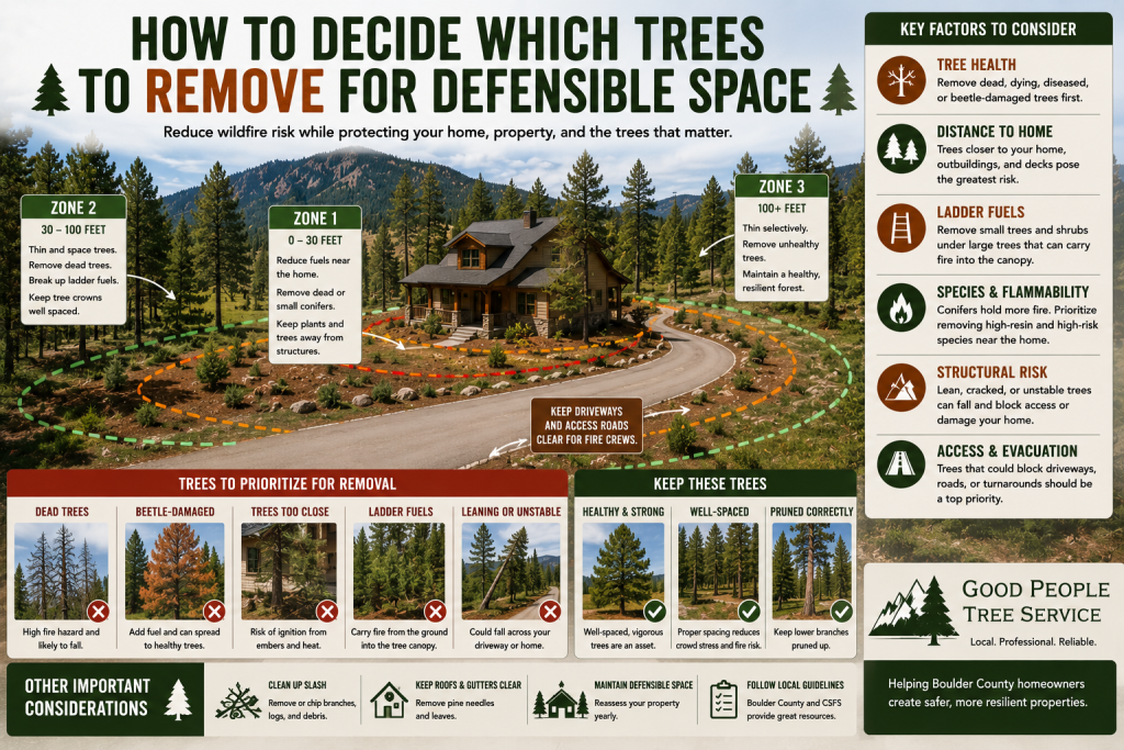 Mountain home defensible space plan showing which trees to remove, including dead pines, ladder fuels, dense conifers, and trees near structures