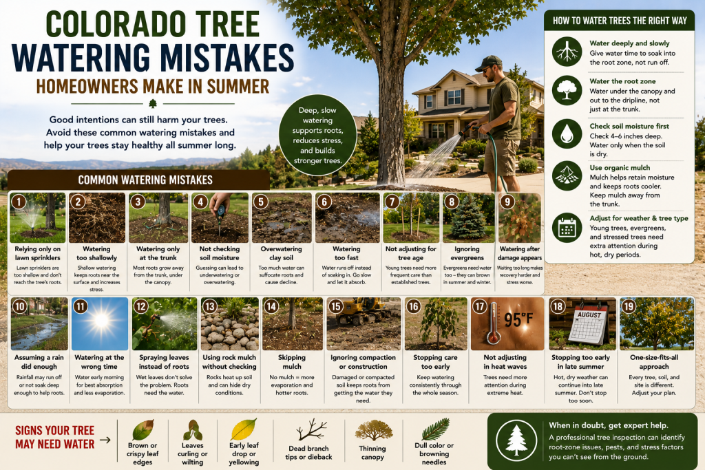 Colorado homeowner making summer tree watering mistakes with dry soil, shallow sprinklers, rock mulch, and leaf scorch